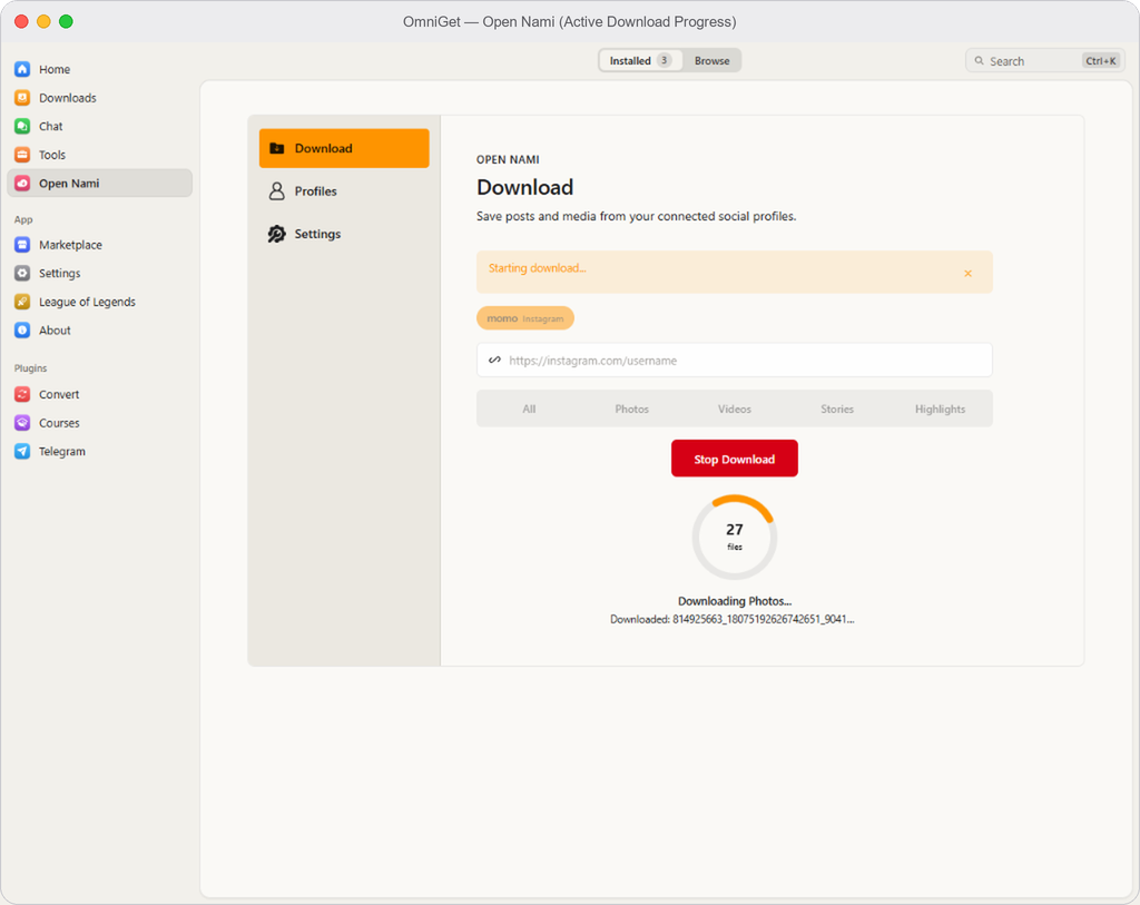 OpenNami Active Download Engine on macOS