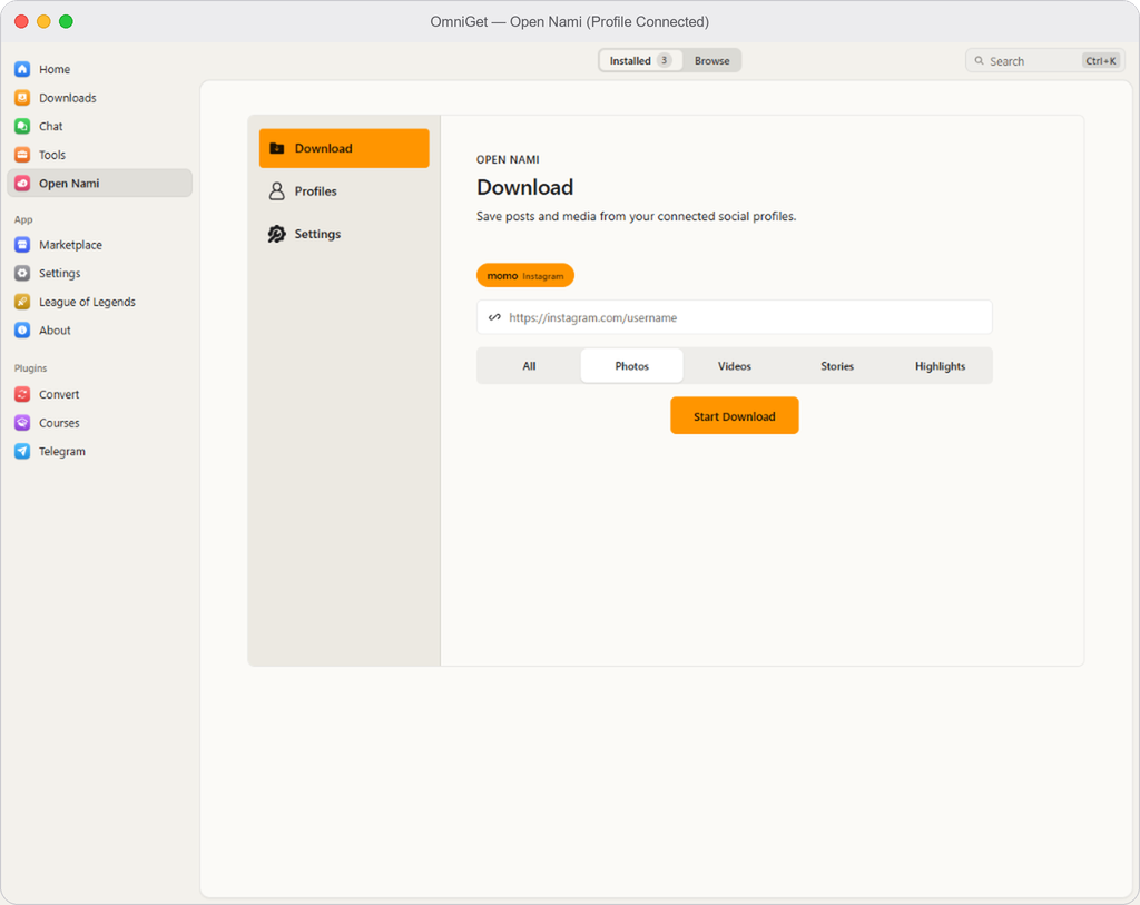 OmniGet OpenNami macOS Desktop Interface